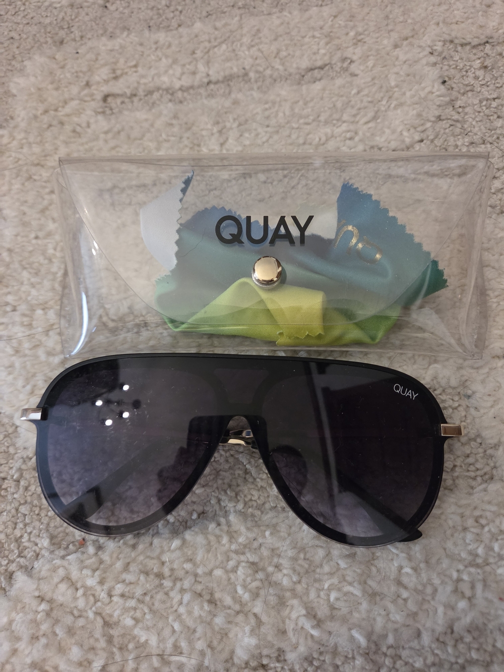 Quay Australia Black Shield Sunglasses with Gold Accents, Style EMPIRE